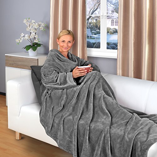 Gräfenstayn® TV-Decke mit Ärmeln und Fuß Tasche - 180 x 150 cm Kuscheldecke - viele Farben - Supersoft Flanell Mikrofaser-Flausch - mit Öko-Tex Siegel „Geprüftes Vertrauen“ (Grau)